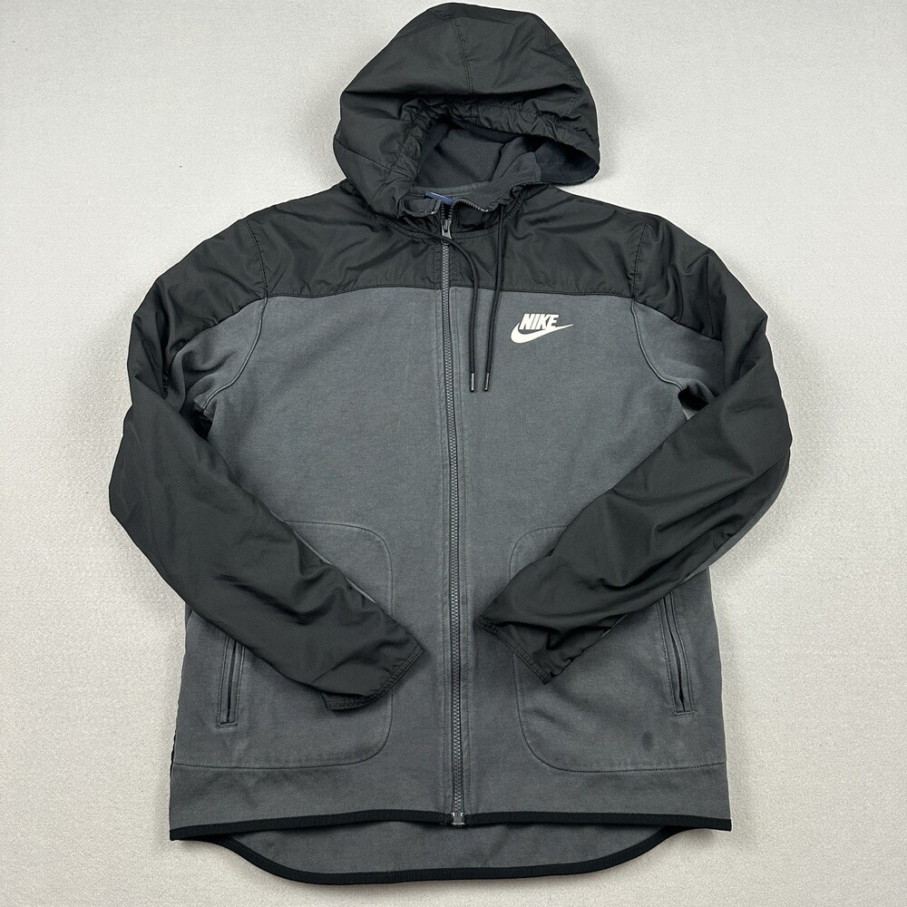 Nike Jacket Men Large Gray Black Hybrid Full Zip Basketball Dri Fit Hood L *
